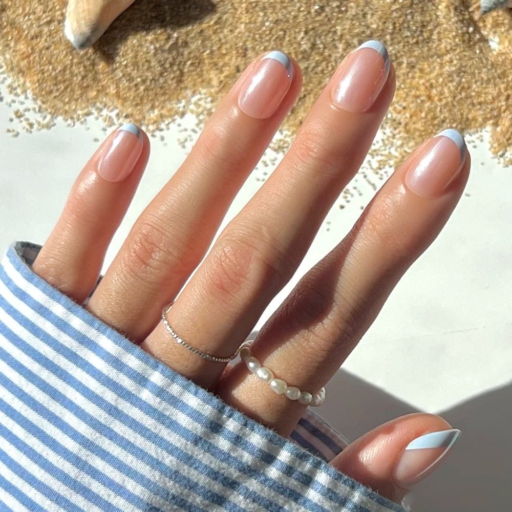 Into Blue Press-On Nails\|Short Oval\|Light Blue Glazed French