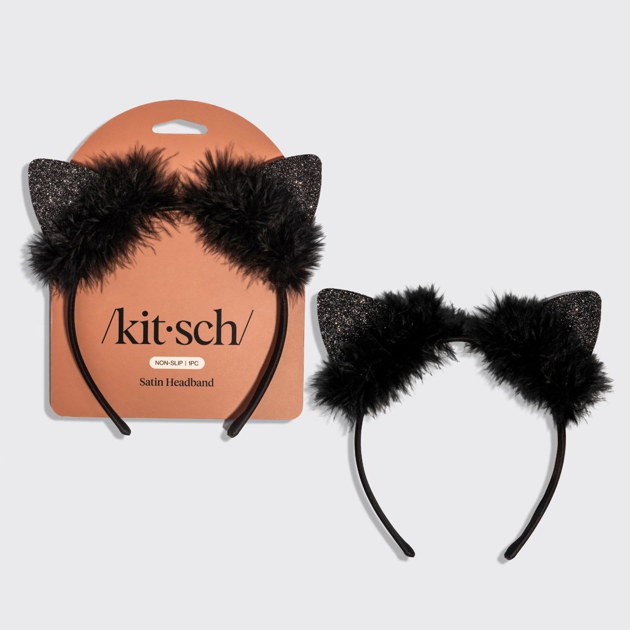 Satin Cat Ears Headband - Black Glitter
